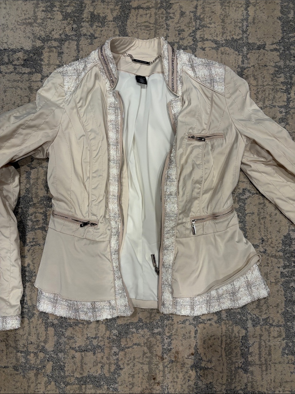 White House Black Market Cream Textured-Trim Zip Blazer